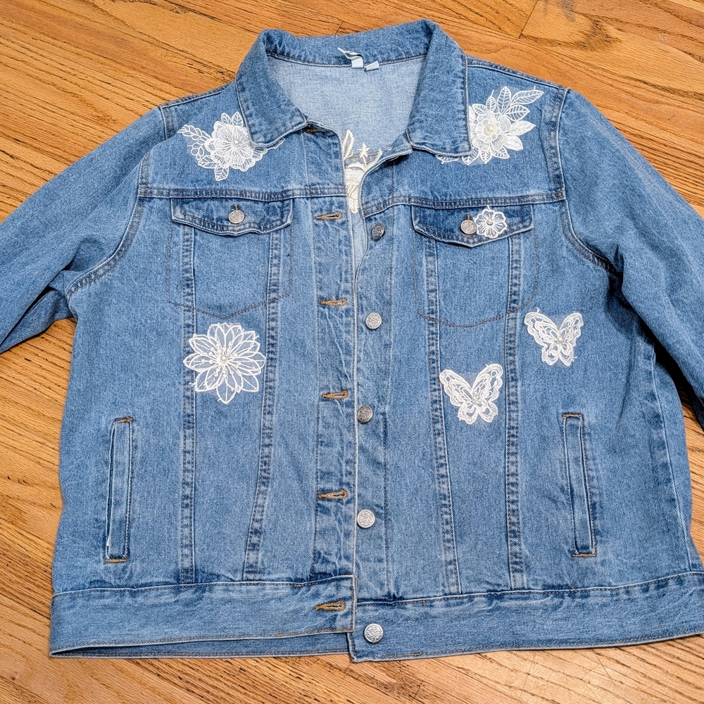 David's Bridal Blue and White Jean Jacket with Distressed Design